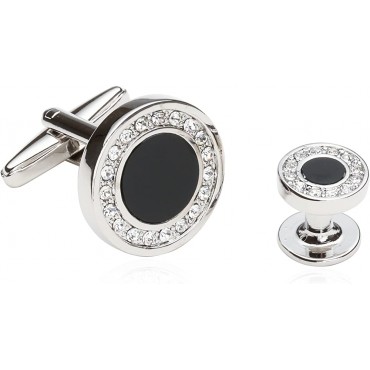 Men's Black Onyx and Cubic Zirconia Silver Cufflinks Studs Formal Set with Travel Presentation Gift Box Wedding Party Groom Groomsmen Special Occasions Cufflinks for Suit Tuxedo Shirts - BGCJ9P2SI