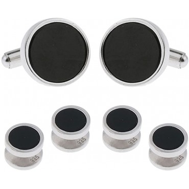 Mens Sterling Silver Black Onyx Cufflinks and Studs Formal Set with Presentation Gift Box Solid 925 Wedding Party Tuxedo Suit Shirts - BU8IEPNUM