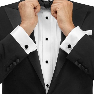 Mr.Van Onyx Cufflinks and Studs Set Formal Black Silver Groomsmen Groom Wedding Gift Cuff Links - B9ZMJSC9P