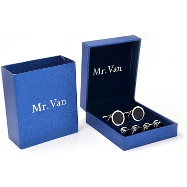 Mr.Van Onyx Cufflinks and Studs Set Formal Black Silver Groomsmen Groom Wedding Gift Cuff Links - B9ZMJSC9P