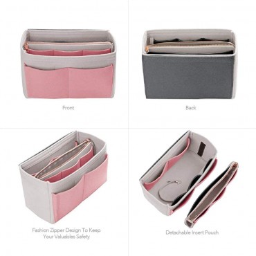 Funifan Purse Organizer Insert for Handbags Felt Bag Organizers with Zipper Bag Organizer for Tote Perfect for Speedy Neverfull Bag in Bag tidy travel Pink + Gray Small - B8UCR6IG9