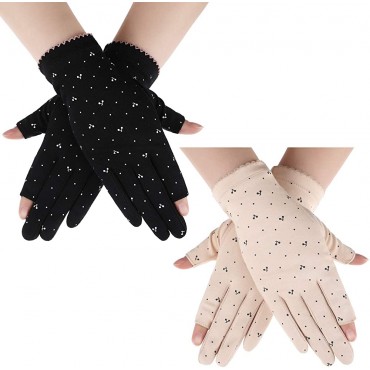 2 Pairs Sunblock Fingerless Gloves Touchscreen UV Protection Gloves Anti-Skid Driving Gloves Summer Outdoor Gloves for Women and Girls Beige Black - BR7FO11YP
