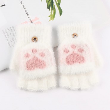 Cat Paw Fingerless Mittens with Flip Top Winter Knitted Gloves Stretchy Mittens - BZM00VQRO
