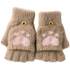 Cat Paw Fingerless Mittens with Flip Top Winter Knitted Gloves Stretchy Mittens - BZM00VQRO