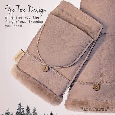 Fingerless mittens for women-Convertible faux fur sherpa & leather mittens with flip top extra warm for cold weather gloves - BWVN6W19A