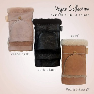 Fingerless mittens for women-Convertible faux fur sherpa & leather mittens with flip top extra warm for cold weather gloves - BWVN6W19A
