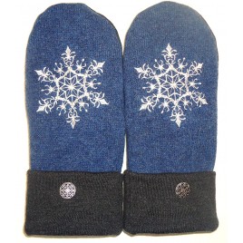 Integrity Designs Sweater Mittens 100% Wool Blue Gray White Folk Art Snowflake Motif Embroidery with Polar Fleece Lining Adult Size Medium Large Ladies Contrasting Button - BPE9RGQQH