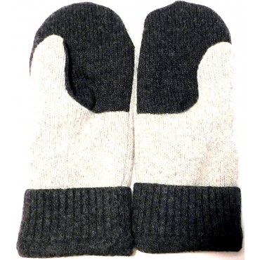 Integrity Designs Sweater Mittens 100% Wool Light Gray and Dark Gray Color with Polar Fleece Lining Adult Size Large Super Thick Rosemaling Folk Art Motif Embroidery Contrasting Button - BJ7TIBU1A