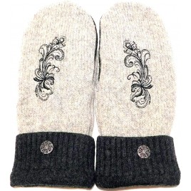 Integrity Designs Sweater Mittens 100% Wool Light Gray and Dark Gray Color with Polar Fleece Lining Adult Size Large Super Thick Rosemaling Folk Art Motif Embroidery Contrasting Button - BJ7TIBU1A