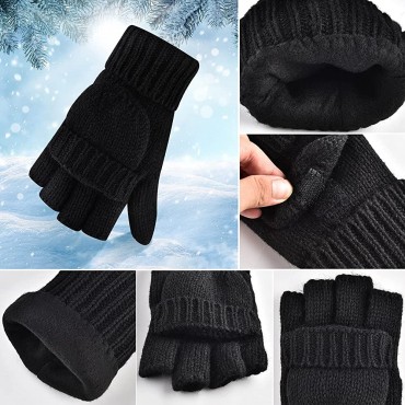Winter Knit Warm Fingerless Gloves Cold Weather Wool Sport Running Cycling Bike Thermal Black Flip Top Mittens Men Women - BIR9ZPUQX