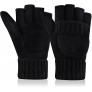 Winter Knit Warm Fingerless Gloves Cold Weather Wool Sport Running Cycling Bike Thermal Black Flip Top Mittens Men Women - BIR9ZPUQX