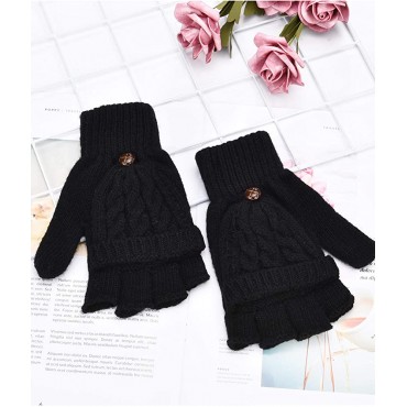 2 Pairs Women's Winter Fingerless Gloves Winter Knitted Mittens Convertible Gloves with Buttoned Thumb Cover Style Set 1 - BKSYMBLHW