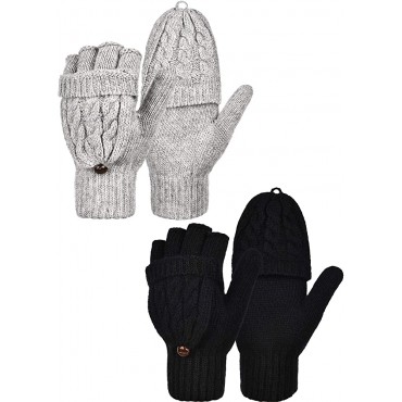 2 Pairs Women's Winter Fingerless Gloves Winter Knitted Mittens Convertible Gloves with Buttoned Thumb Cover Style Set 1 - BKSYMBLHW