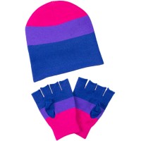 Classic Rainbow Glove & Ski Beanie Gift Set Colorful Stripe Fitted Winter Knit Cap - BJ5AID6JK