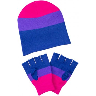 Classic Rainbow Glove & Ski Beanie Gift Set Colorful Stripe Fitted Winter Knit Cap - BJ5AID6JK