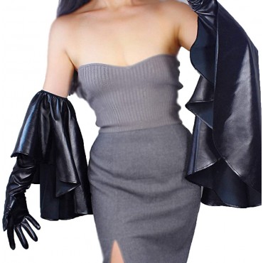 DooWay Long Ruffle Opear Gloves TOUCHSCREEN Black White Faux Leather Evening Party Fashion Runway Women Dress Gloves - BBOLR4LTT