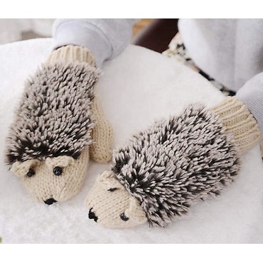 Double Layer Winter Thicken Warm Knit Mittens Cartoon Hedgehog Gloves - BL0LW2HJ2
