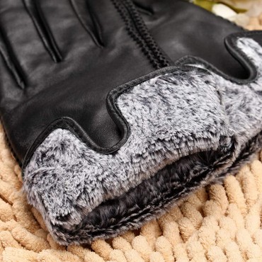 MaxW Womens Leather Gloves Black Winter Sheepskin Gloves Soft Warm Touchscreen Leather Driving Gloves Faux Rabbit Fur Lining - B8AQVA1IB