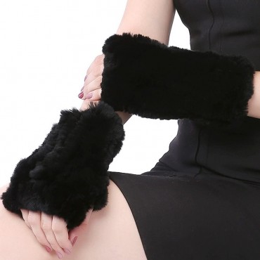 Valpeak Womens Rabbit Fur Winter Mittens Knitted Fingerless Gloves - BDIX4LJC2